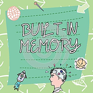 Text caption presenting Built In Memory. Word for device or feature are included in something as a part of it
