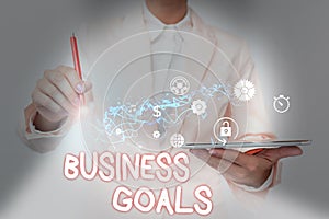 Sign displaying Business Goals. Business showcase company expects to accomplish over a specific period of time Lady In