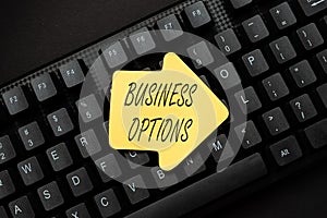 Sign displaying Business Options. Business concept one thing that can be chosen from a set of possibilities Online