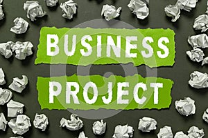 Sign displaying Business Project. Business overview Planned set of interrelated tasks to be executed over time