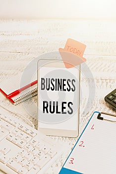 Sign displaying Business Rules. Concept meaning a specific directive that constrains or defines a business Typing New