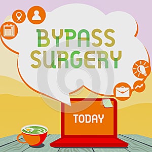Sign displaying Bypass Surgery. Word Written on type of surgery that improves blood flow to the heart Hand Typing On