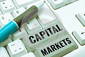 Sign displaying Capital Markets. Business concept Allow businesses to raise funds by providing market security