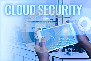 Sign displaying Cloud Security. Business overview Protect the stored information safe Controlled technology Hand