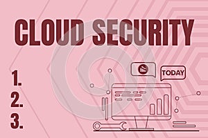 Sign displaying Cloud Security. Conceptual photo Protect the stored information safe Controlled technology Computer