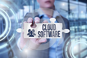 Sign displaying Cloud Software. Concept meaning Programs used in Storing Accessing data over the internet Business Woman