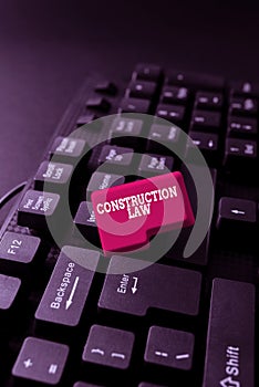 Sign displaying Construction Law. Business showcase deals with matters relating to building and related fields Abstract