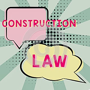 Sign displaying Construction Lawdeals with matters relating to building and related fields. Business overview deals with