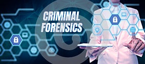 Sign displaying Criminal Forensics. Business approach Federal Offense actions Illegal Activities punishable by Law
