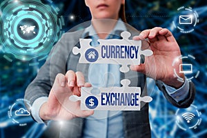 Sign displaying Currency Exchange. Business overview rate at which one currency will be exchanged for another Business