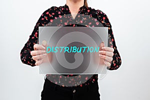 Sign displaying Distribution. Business idea statement or event that indicates a possible or impending danger Woman
