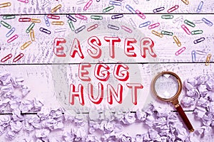 Sign displaying Easter Egg Hunt. Business approach Searching special season treats presents spring tradition Three