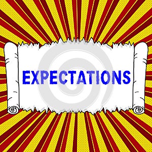 Sign displaying Expectations. Business overview Strong belief that something will happen or be the case
