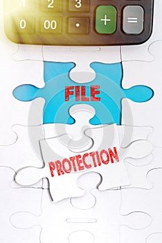 Sign displaying File Protection. Business approach Preventing accidental erasing of data using storage medium Building