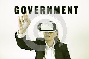 Sign displaying Government. Business idea Group of people with authority to govern country state company