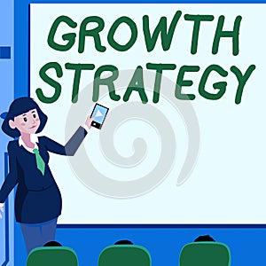 Sign displaying Growth Strategy. Business concept Strategy aimed at winning larger market share in shortterm Woman