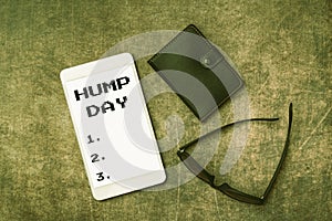 Sign displaying Hump Day. Business idea climbing a proverbial hill to get through a tough week Wednesday Wooden