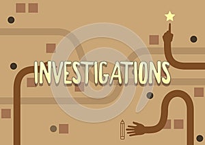 Sign displaying Investigations. Business overview The formal action or systematic examination about something Three Long