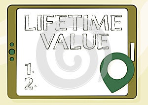 Sign displaying Lifetime Value. Conceptual photo Worth of the customer over the lifetime of the business Computer Tablet