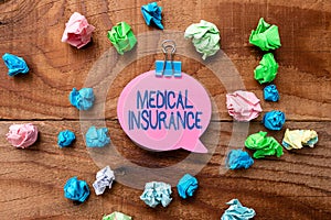 Sign displaying Medical Insurance. Concept meaning reimburse the insured for expenses incurred from illness Colorful photo