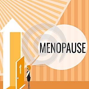 Sign displaying Menopause. Word Written on Period of permanent cessation or end of menstruation cycle Lady Standing