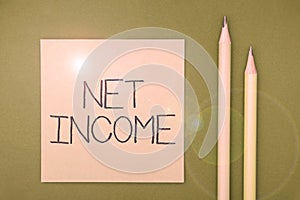 Conceptual caption Net Income. Business overview the gross income remaining after all deductions and exemptions are photo