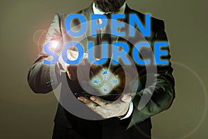 Text caption presenting Open Source. Business approach denoting software which original source code freely available