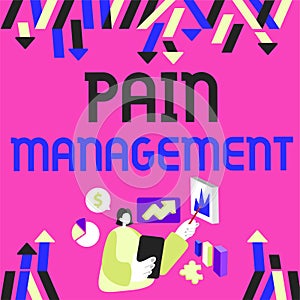 Sign displaying Pain Managementa branch of medicine employing an interdisciplinary approach. Business overview a branch