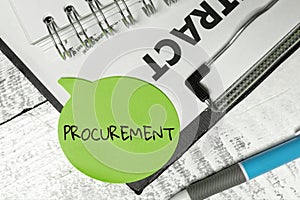 Sign displaying Procurement. Word Written on Procuring Purchase of equipment and supplies