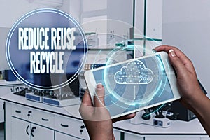 Sign displaying Reduce Reuse Recycle. Conceptual photo environmentallyresponsible consumer behavior Man In Uniform