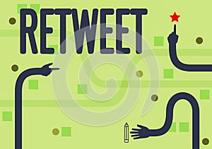 Sign displaying Retweet. Word Written on in twitter repost or forward a message posted by another user Three Long Hands