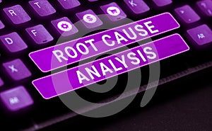 Sign displaying Root Cause Analysis. Business approach Method of Problem Solving Identify Fault or Problem