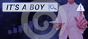 Sign displaying It's A Boy. Concept meaning Expecting a male baby cute blue colors a lot of car toys