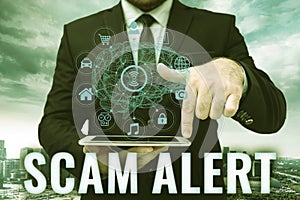 Sign displaying Scam Alert. Conceptual photo fraudulently obtain money from victim by persuading him Laptop Resting On