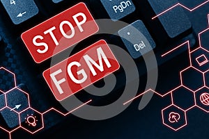 Sign displaying Stop Fgm. Word for Put an end on female genital cutting and female circumcision