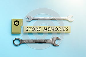 Sign displaying Store Memories. Concept meaning a process of inputting and storing data previously acquired