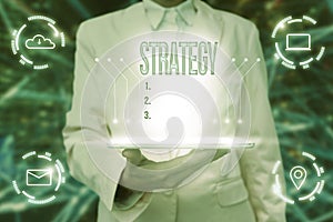 Sign displaying Strategy. Concept meaning action plan or strategy designed to achieve an overall goal Lady Uniform