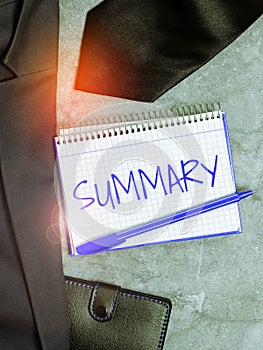 Sign displaying Summary. Conceptual photo Brief Statement Abstract Synopsis Concise Abbreviated version