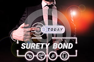 Sign displaying Surety Bond. Business idea Formal legally enforceable contract between three parties