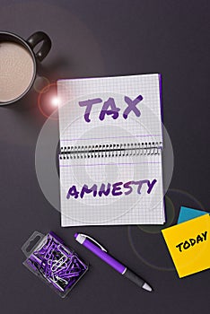 Sign displaying Tax Amnesty. Business concept limited-time opportunity for specified group of taxpayers to pay