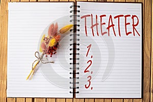 Sign displaying Theater. Concept meaning building or outdoor area in which plays and dramatic performances Open Notebook