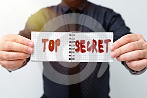 Sign displaying Top Secret. Word Written on protected by a high degree of secrecy Highly confidential Presenting New