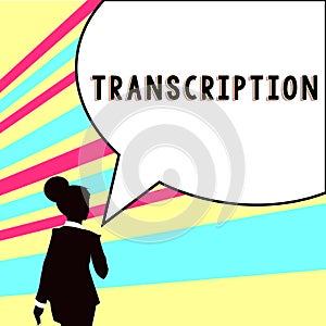 Sign displaying Transcription. Word for Written or printed version of something Hard copy of audio