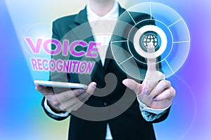 Sign displaying Voice Recognition. Business idea the control of a computer system by a voice or voices Lady In Uniform photo