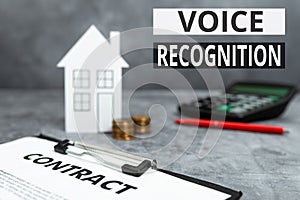 Sign displaying Voice Recognition. Word for the control of a computer system by a voice or voices Buying New House Ideas