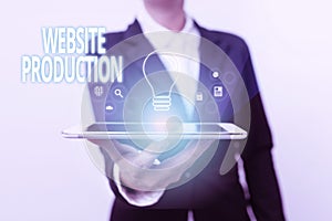 Sign displaying Website Production. Word Written on process of creating websites and it s is components Lady In Suit