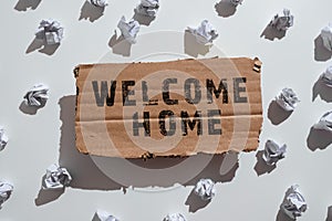 Sign displaying Welcome Home. Word for Expression Greetings New Owners Domicile Doormat Entry Paper Wraps Placed Under
