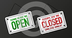 Sign on door store with come in we are open. Business open or closed black banner. Vector.