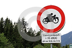 Sign with driving ban for too loud motorcycles in Tirol in Austria