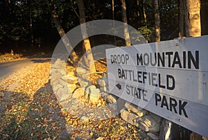 Sign at the entrance of Droop Mountain Battlefield State Park, Civil War battleground, Scenic Route 39, WV